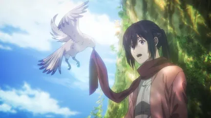 A bird wrapping Mikasa's scarf around her neck from Attack on Titan Season 4, last episode.