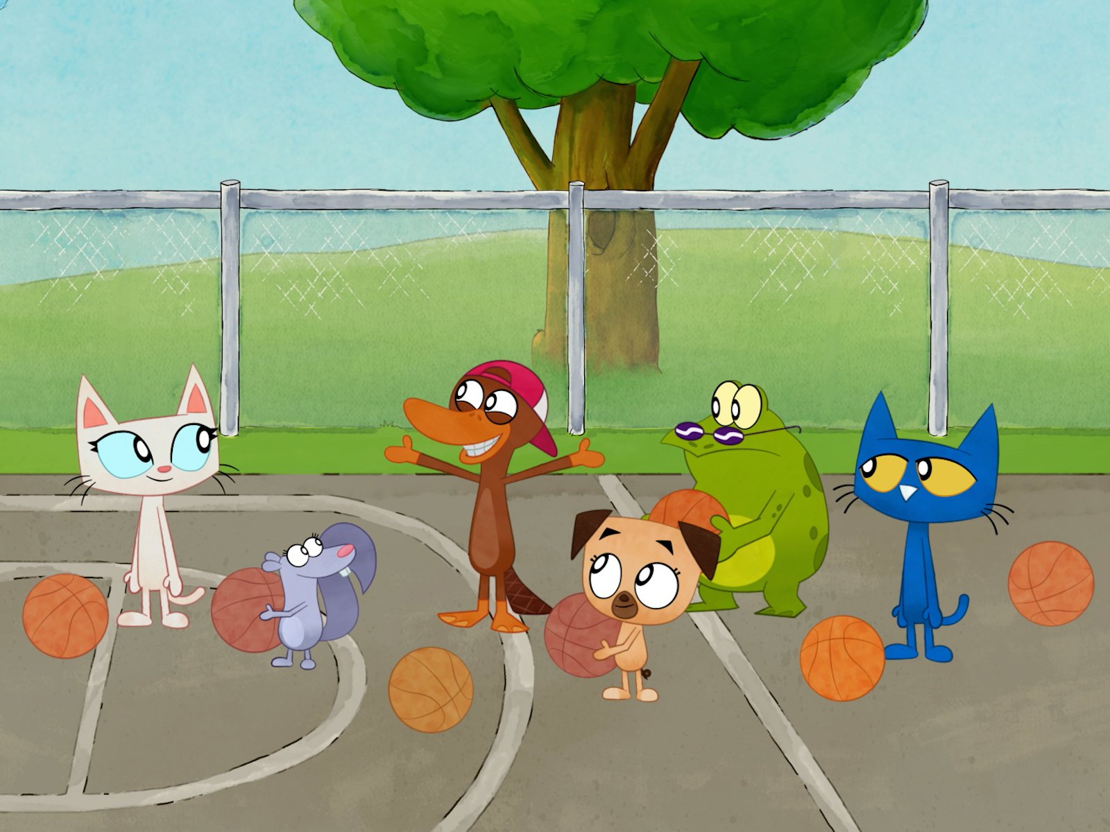 Six animal characters are playing basketball together on a fenced-in basketball court. 