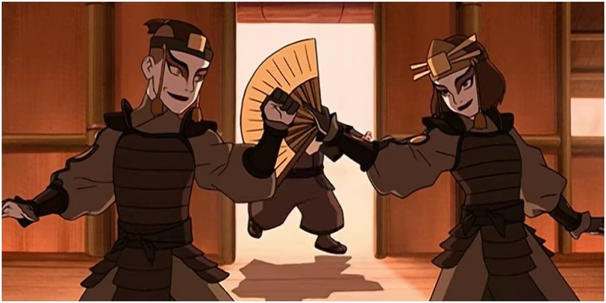 Sukki and Sokka spar while wearing Kyoshi Warrior makeup in "Avatar the Last Airbender"