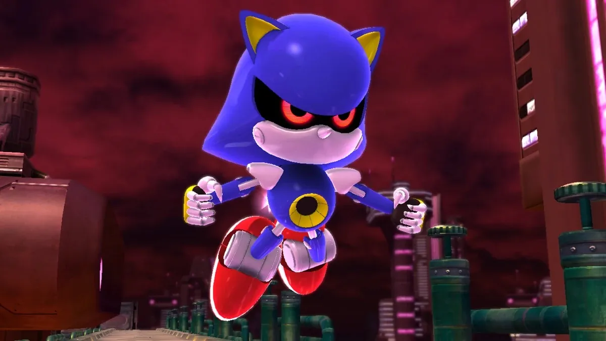 Metal Sonic flies through the air in "Sonic Generations" 
