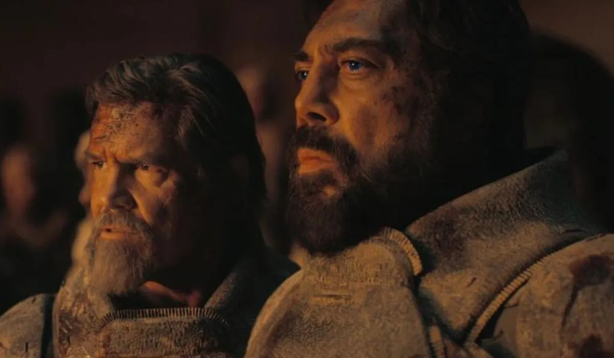 Stilgar and Gurney Halleck, played by Javier Bardem and Josh Brolin, look on as Paul duels Feyd-Rautha in Dune: Part Two