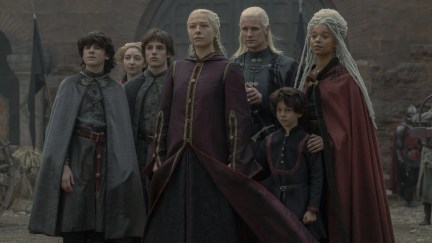 Rhaenyra, Daemon, and their children pose in a Team Black group picture