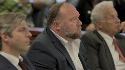 Alex Jones with his lawyers in court, as shown in the documentary 'The Truth vs. Alex Jones'