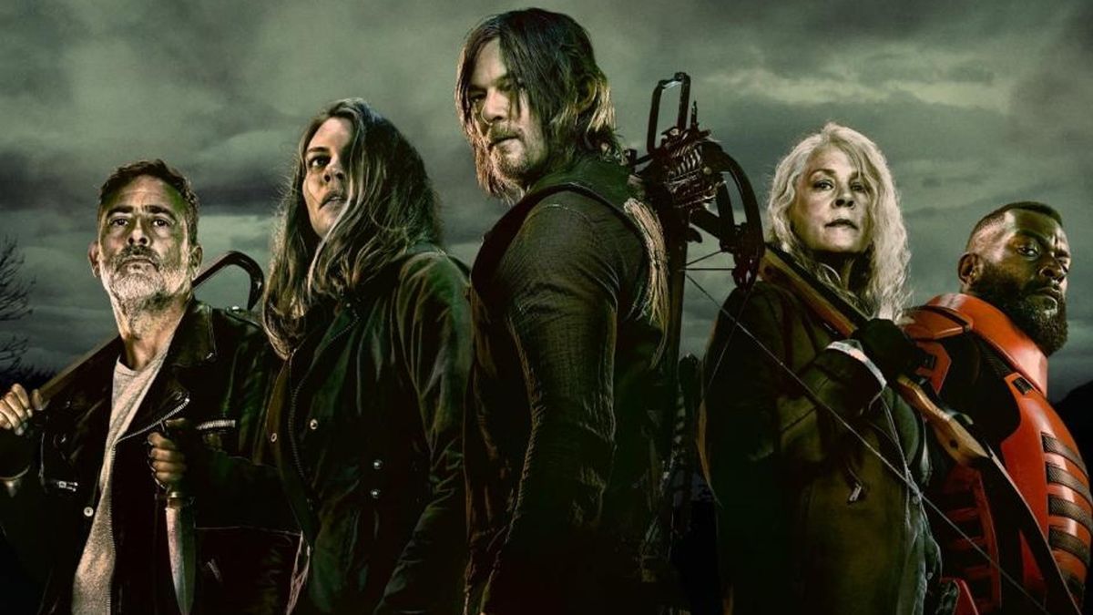 The cast of The Walking Dead, including Jeffrey Dean Morgan as Negan, Lauren Cohan as Maggie Rhee, Norman Reedus as Daryl Dixon, Melissa McBride as Carol Peletier, and Michael James Shaw as Mercer 