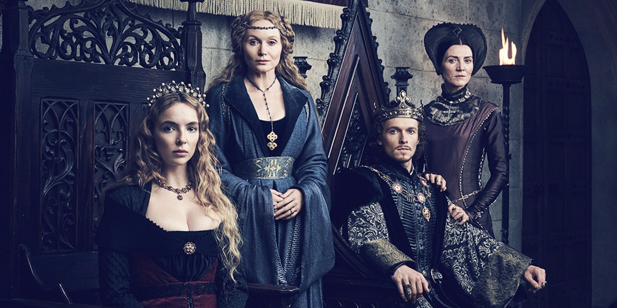 A woman and a man are poised on two thrones beside each other, and their mothers each stand behind them individually.