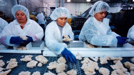 Tyson Foods workers sorting through frozen chicken