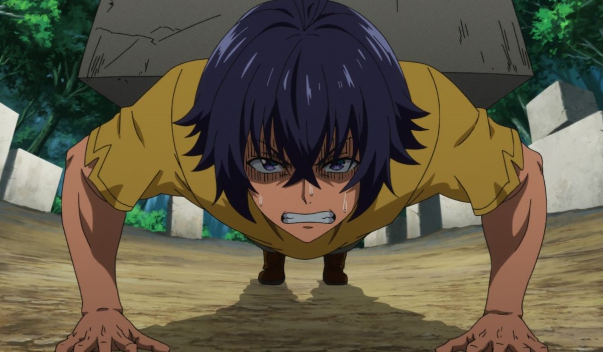 Usato pushing up with a block on his back from The Wrong Way To Use Healing Magic