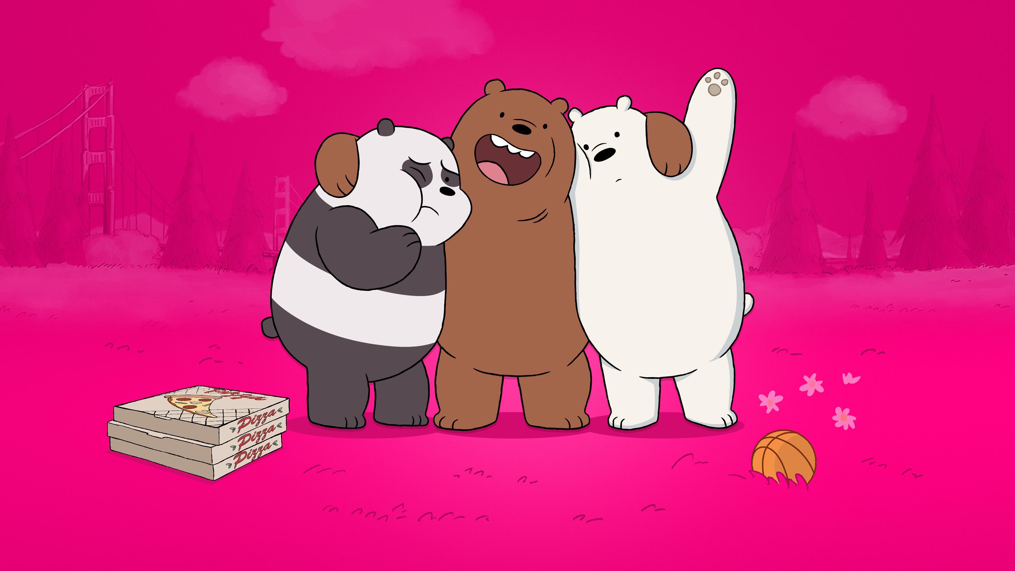 Three animated bears stand together on a pink landscape, one is striped black and white, one is brown, and one is a white polar bear. Next to the bears in the pink grass there is a stack of three pizza boxes and a basketball. 