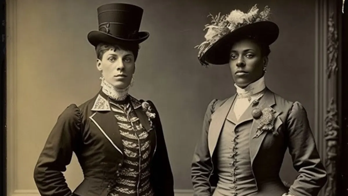 A white and Black woman in Victorian dress stand next to each other