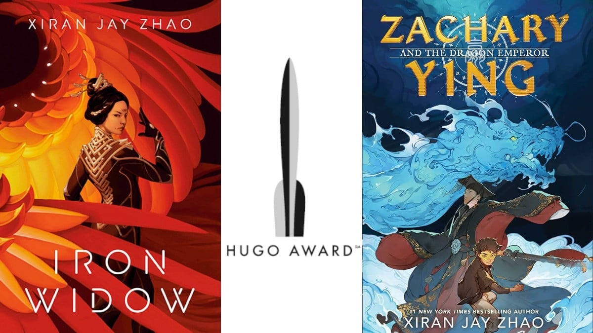 The covers of Xiran Jay Zhao's Iron Window and Zachary Ying next to the Hugo Awards logo
