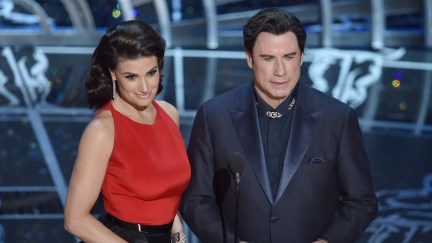 Idina Menzel and John Travolta onstage at the 2015 Academy Awards.