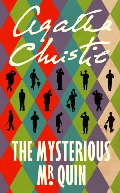 Cover of Agatha Christie's The Mysterious Mr Quinn. A harlequinn patterned cover with the text in white and black silhouettes of people in each diamond in the three middle rows.