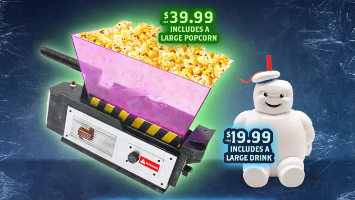 AMC's 'Ghostbusters" Frozen Empire' popcorn trap bucket and StayPuft Marshmallow man drink cup.