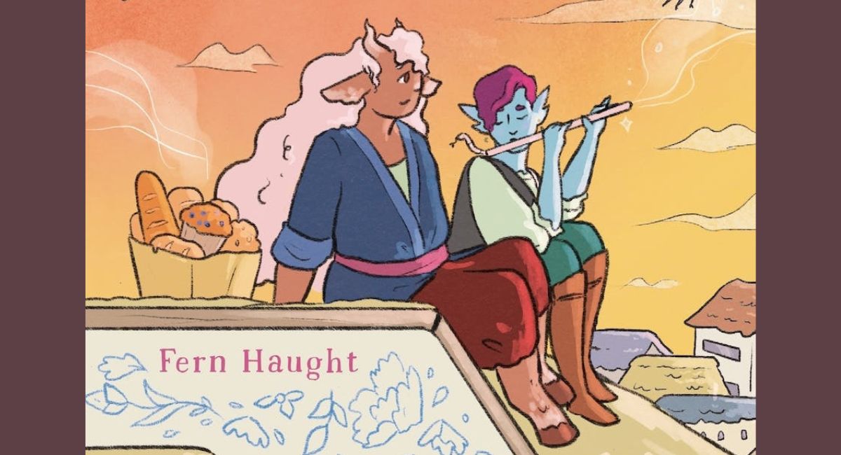 A centaur and a blue elf sit on a rooftop in an illustration.