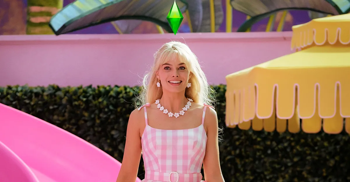 margot robbie as barbie with a sims diamond on her head