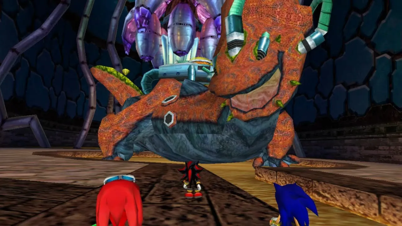 The dinosaurian Bio-Lizard looms over Sonic, Shadow and Knuckles in "Sonic Adventure 2" 