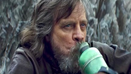 luke skywalker drinking blue milk from a bottle