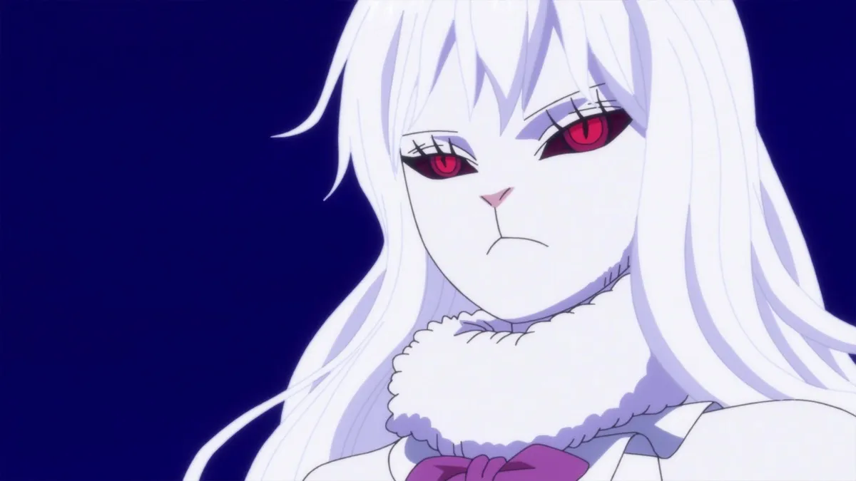A white bunny person with red eyes glares in "One Piece"