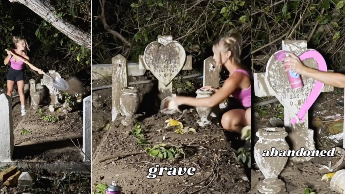 Three screenshots from a video of a young blonde woman working over a grave.