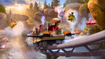 An artist rendering of a roller coaster at Universal Studios' How to Train your Dragon-Isle of Berk theme park.