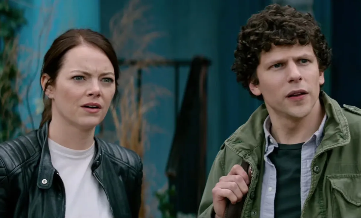Emma Stone and Jesse Eisenberg looking disgusted in Zombieland