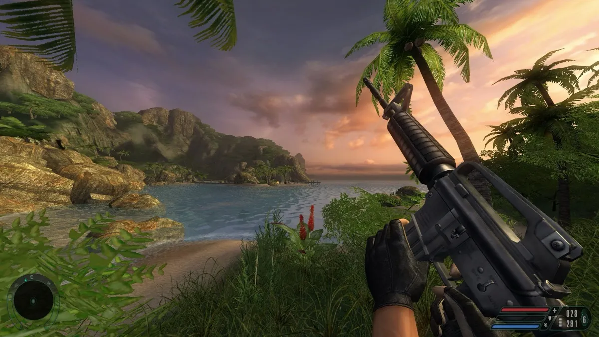 POV reloading an assault rifle in the jungle in "Far Cry"