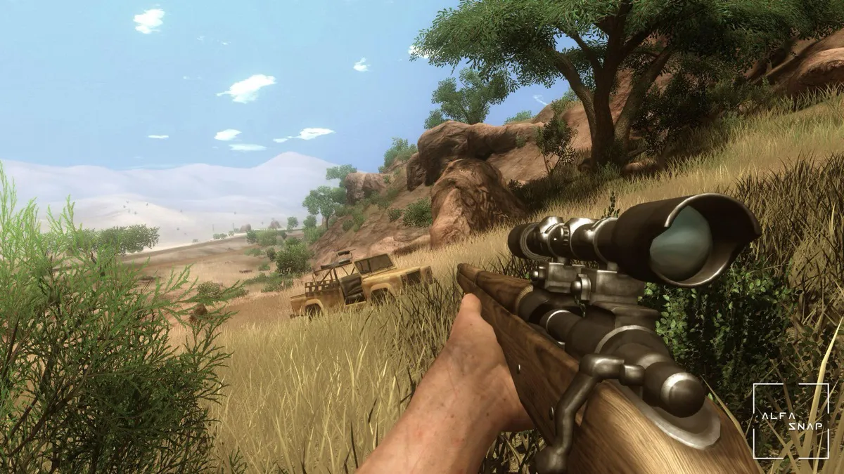 POV holding a sniper rifle in the savannah in "Far Cry 2"
