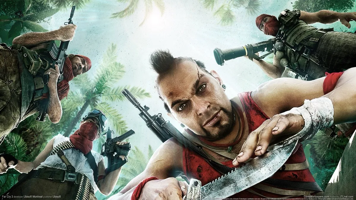 The villain of "Far Cry 3" holding a machete while his goons look on