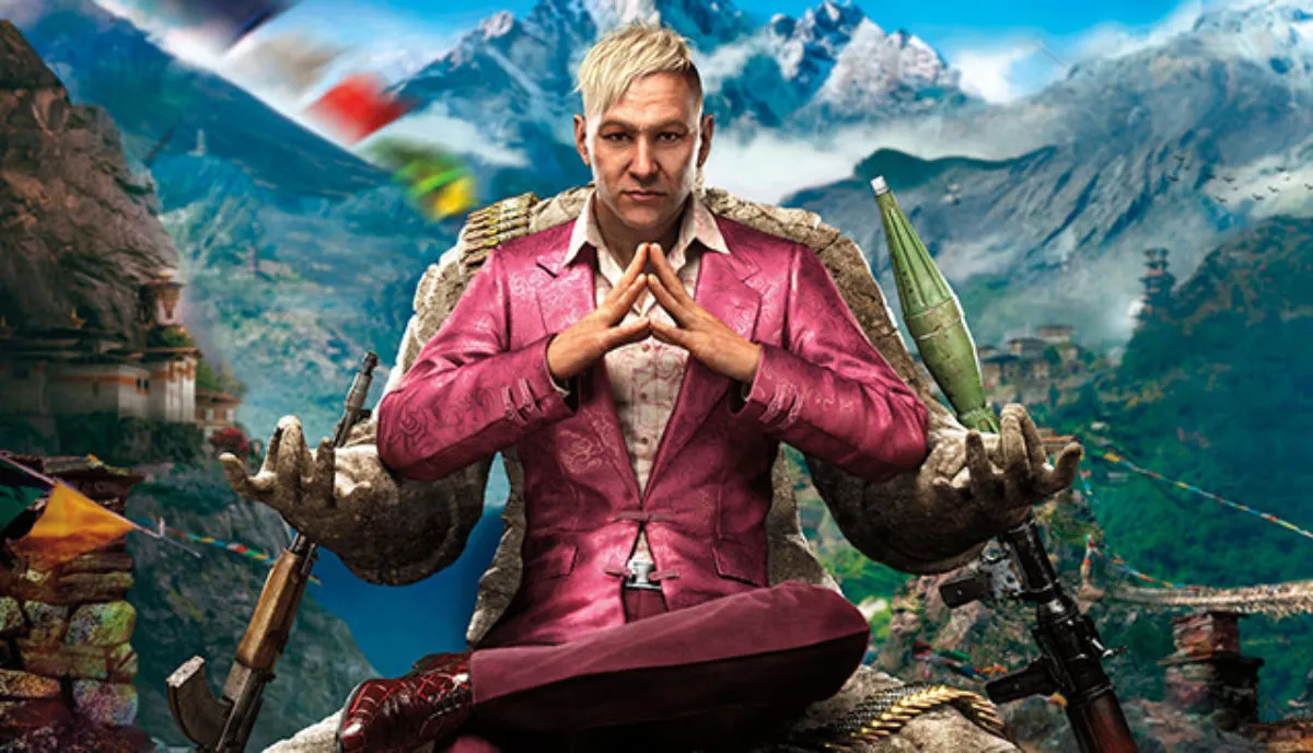 The pink suited villain of "Far Cry 4" seated next to an RPG
