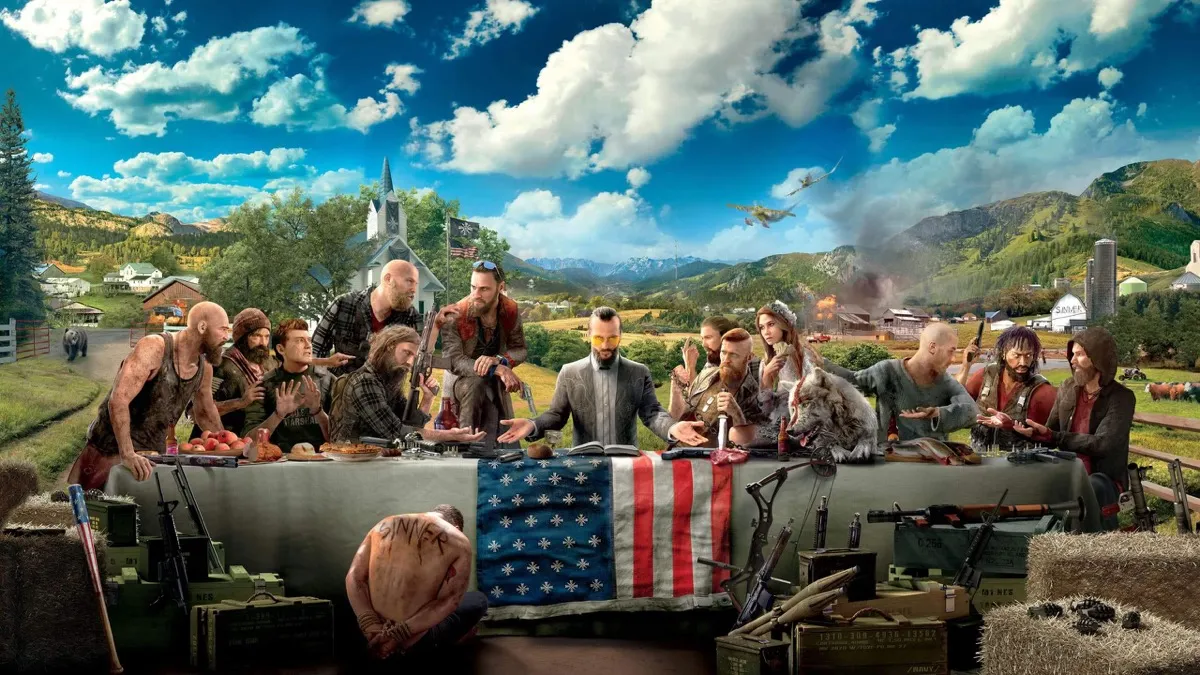 A "Last Supper"-esque portrait of the Seed family sitting in a truck in "Far Cry 5"