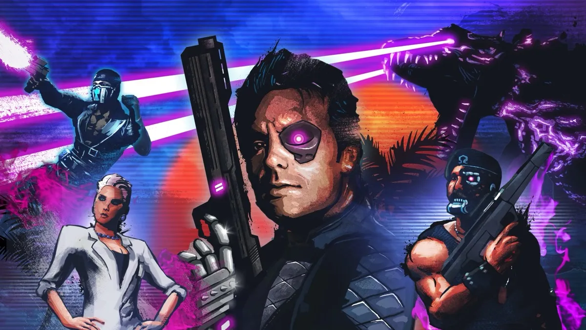 The neon drenched cast of "Far Cry - Blood Dragon" featuring a laser shooting lizard. 