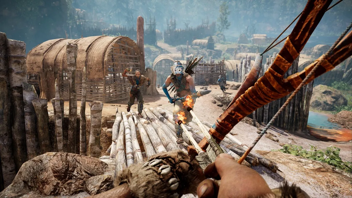 POV aiming a bow and arrow at a prehistoric enemy in "Far Cry Primal" 