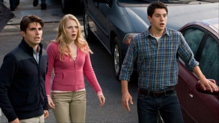 Miles Fisher, Emma Bell, and Nick D'Agosto look horrified in 'Final Destination 5'.