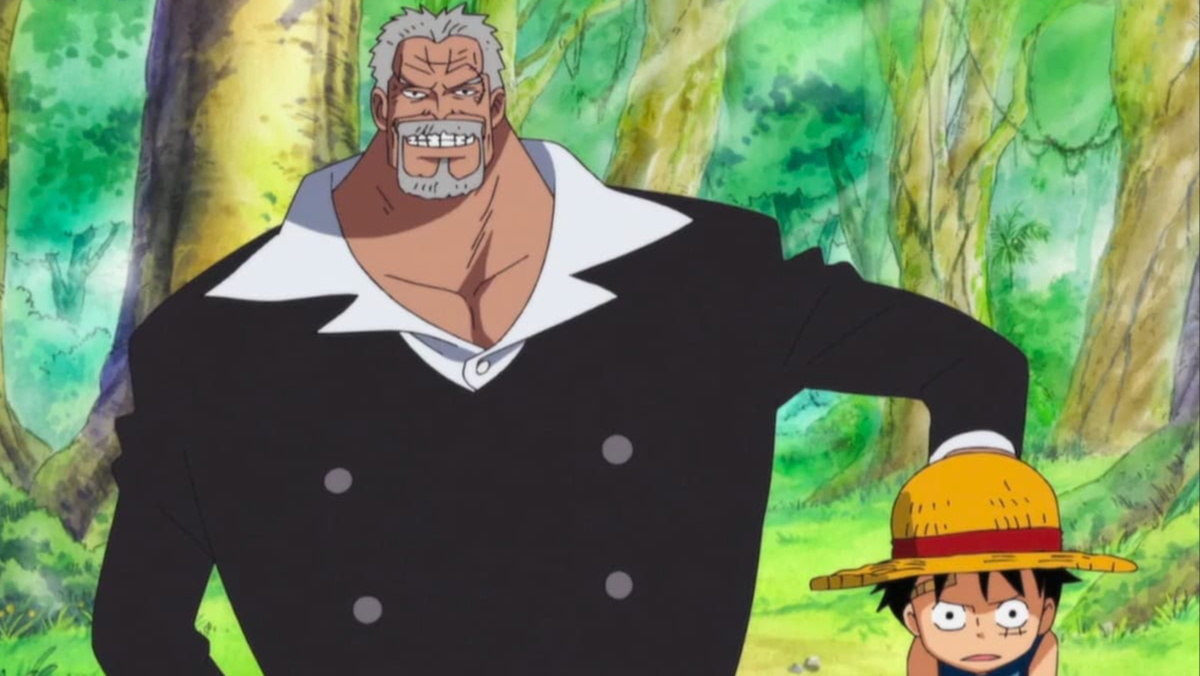 Garp holding a young Luffy in One Piece