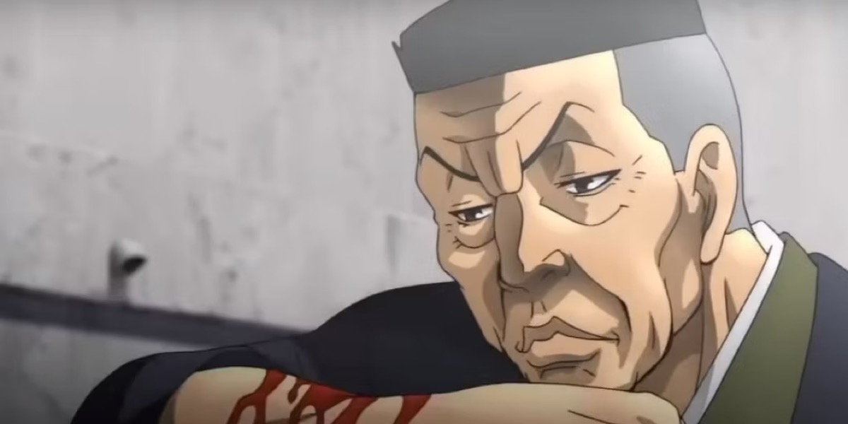 Gouki Shibukawa stares at his bloody forearm in "Baki"