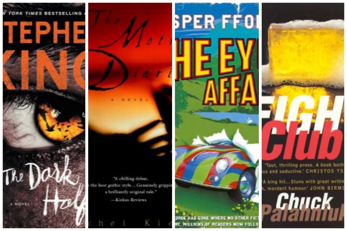 A collage of book covers; Stephen King's The Dark Half, Rachel Klein's The Moth Diaries, Jasper Fforde's The Eyre Affair, Chuck Palahniuk's Fight Club.