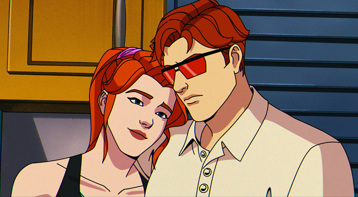 Jean and Scott standing together with Jean leaning on Scott's shoulder in X-Men '97