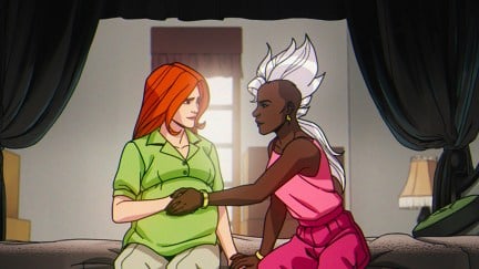 Storm with her hand on Jean's belly