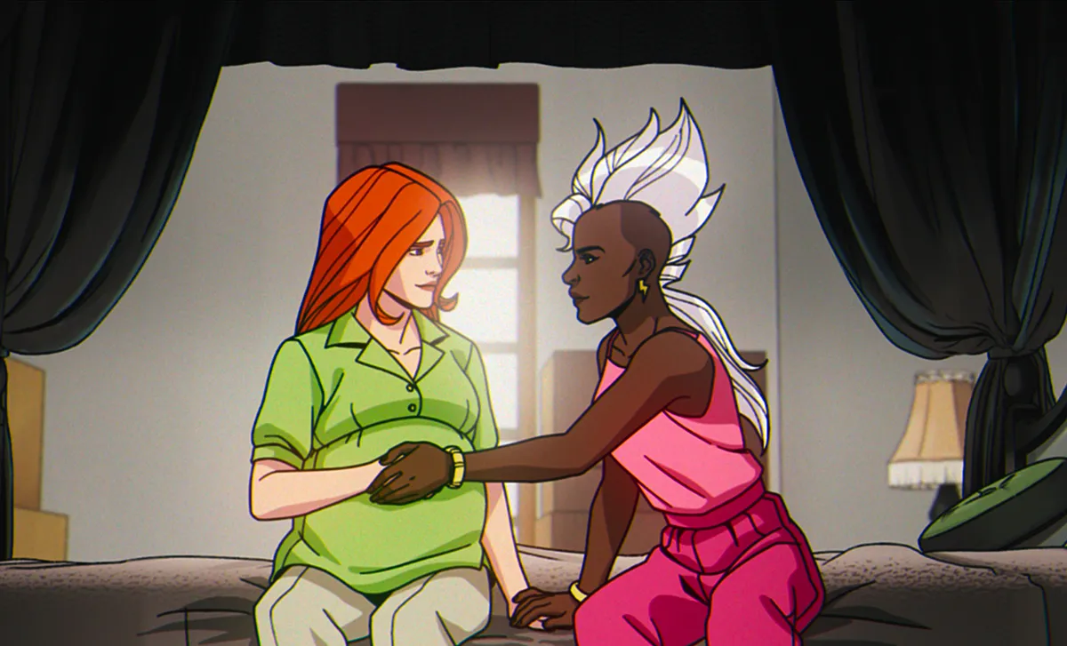 Storm with her hand on Jean's belly