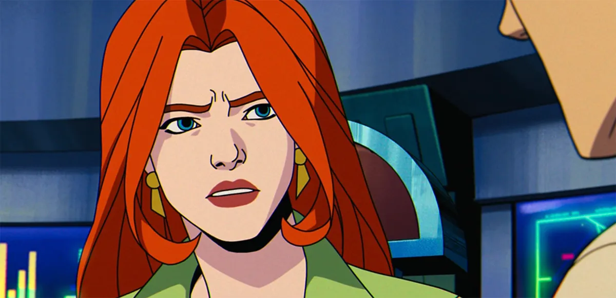 Jean Grey looking concerned while staring at Scott