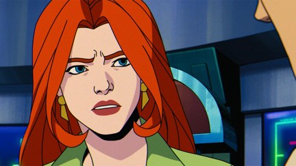 Jean Grey looking concerned while staring at Scott