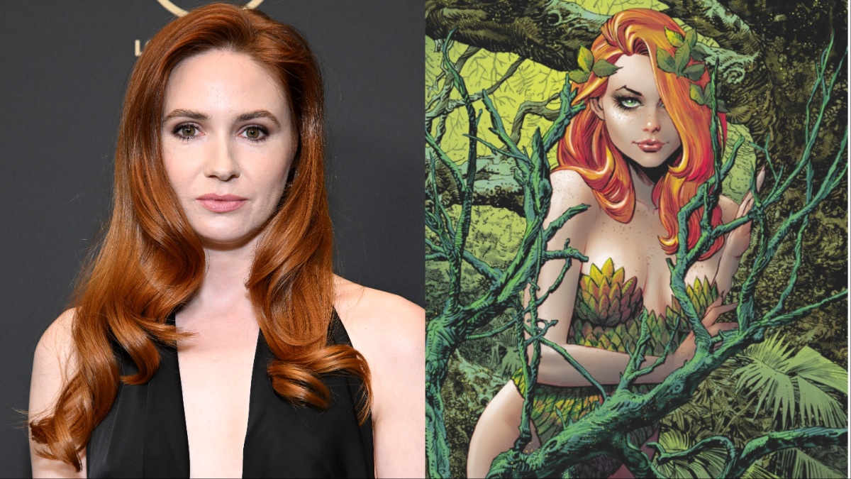(L-R) Karen Gillan on the red carpet, Poison Ivy from DC Comics.