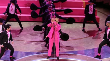 Ryan Gosling standing on stage singing I'm Just Ken