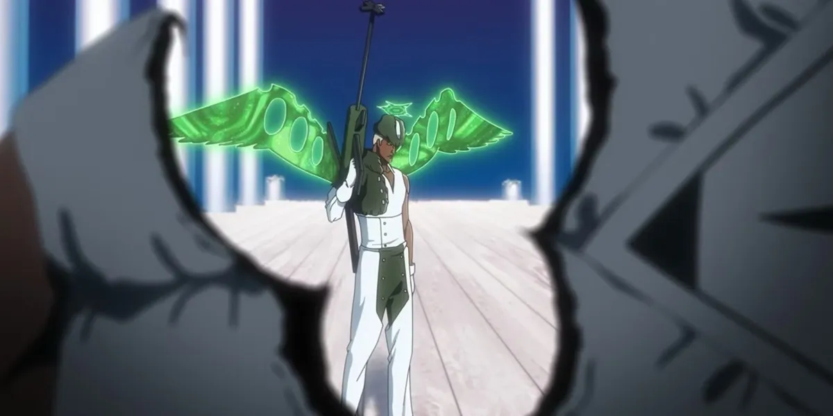 Lille Barrow holding his gun with green wings growing out of his back in "Bleach" 