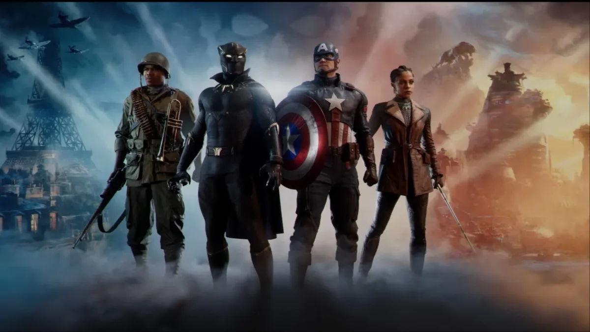 Captain America and Black Panther, flanked by friends, in a still image from the game 'Marvel 1943: Rise of Hydra'.