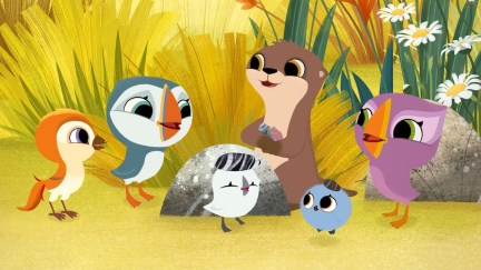 A group of animated creatures gather together in Puffin Rock.