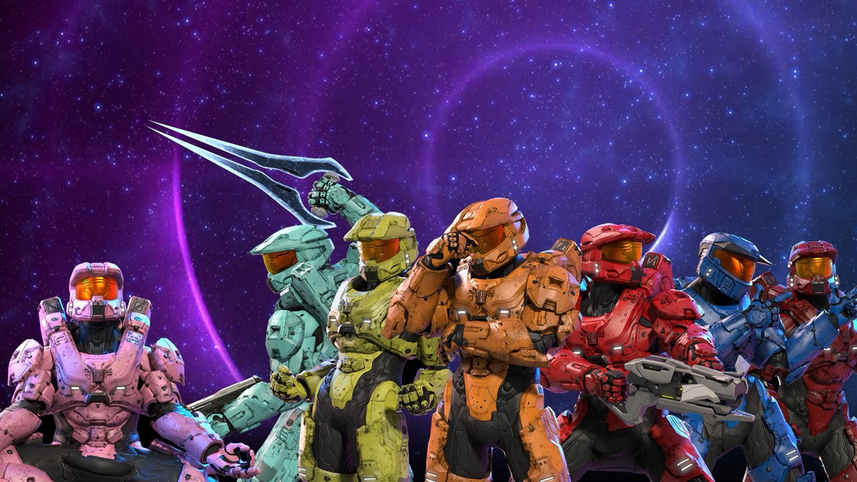 The cast of Red vs. Blue standing in space 