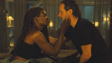 Michonne and Rick staring at each other