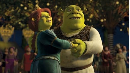 Ogre couple Shrek and Fiona hold hands in 'Shrek 2'.