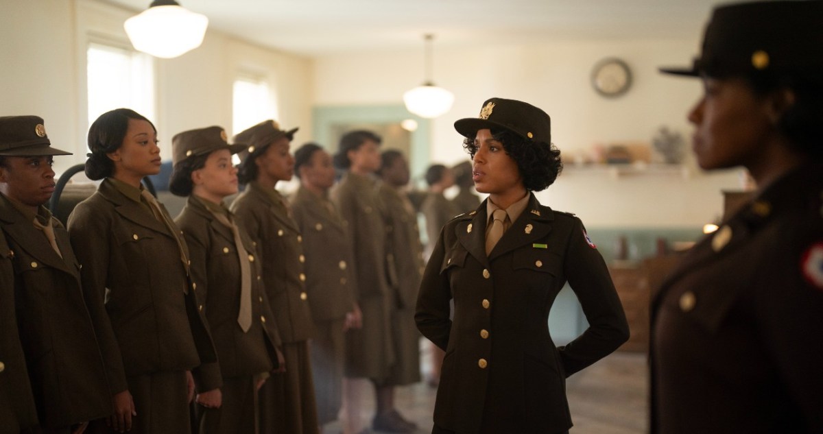 Kerry Washington faces a room full of Black women in World War II military uniforms in 'Six Triple Eight'.